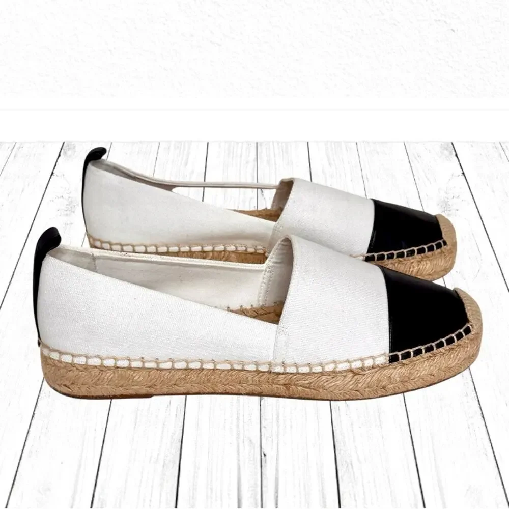 J. CREW White Black Leather Espadrilles Cap Toe Canvas Shoes Flats Resort 10.5